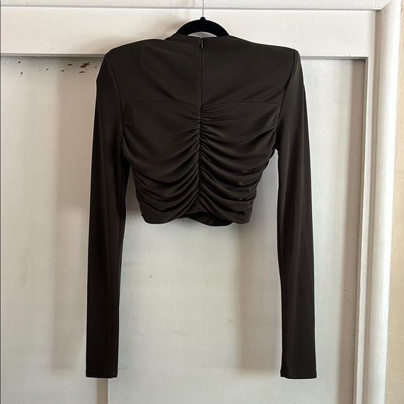 ZARA Shoulder-padded Olive Drape Long Sleeve Crop Top - Picture 5 of 6